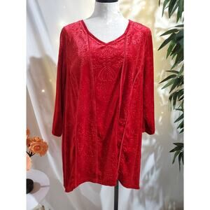 Catherines Velvet V-Neck Floral 3/4 Sleeve Hi-Low Tunic Top Plus Size 1X Red